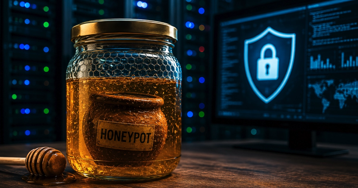 A cybersecurity honeypot represented inside a glass jar, with server infrastructure and digital security monitoring in the background, illustrating cyber threat detection and proactive website security.